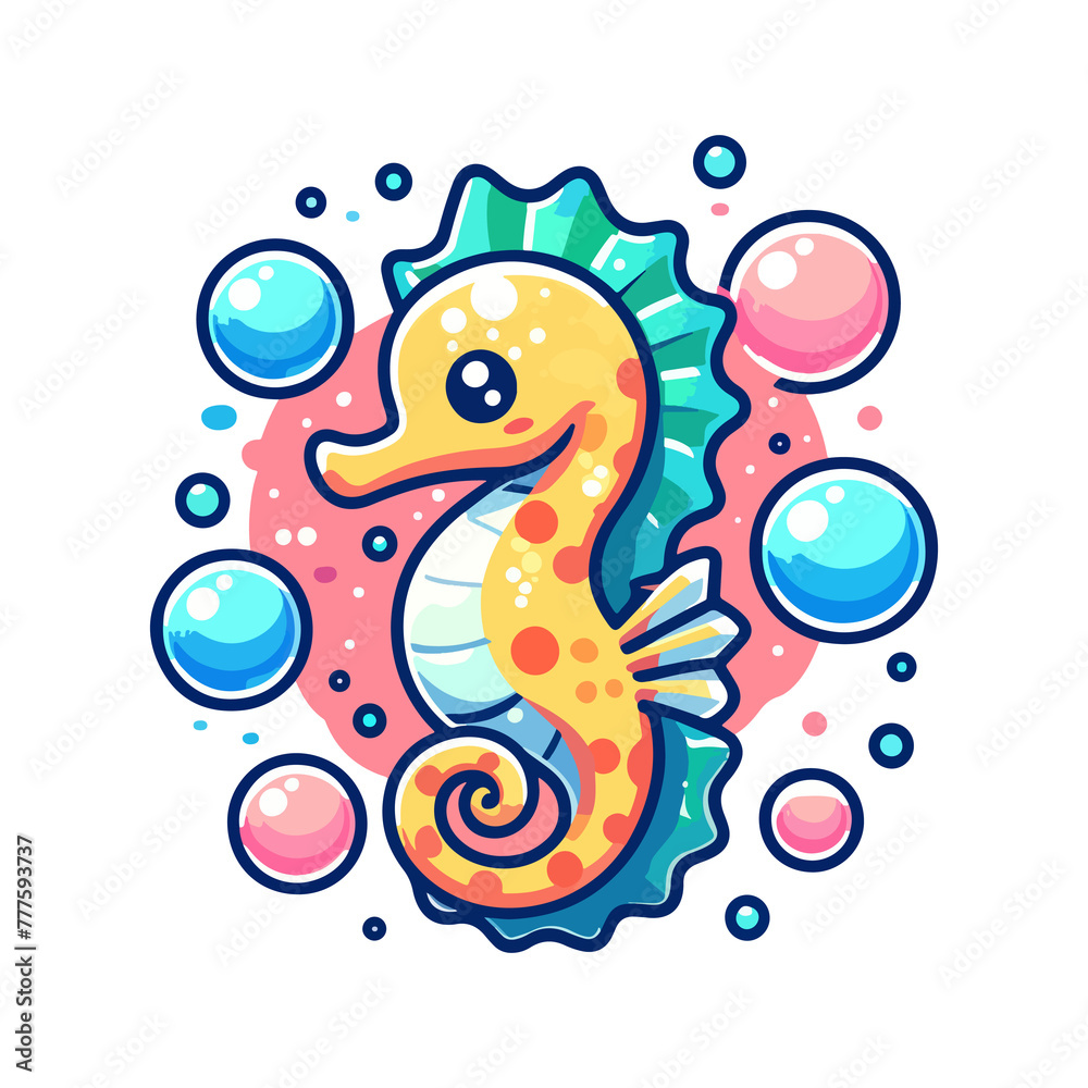 Fototapeta premium cute icon character seahorse and colorful bubble
