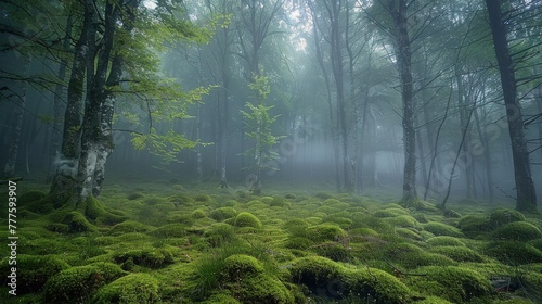 Dense Fog Blanketing Lush Forest