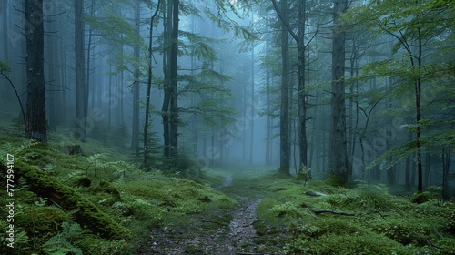 Dense Fog Blanketing Lush Forest