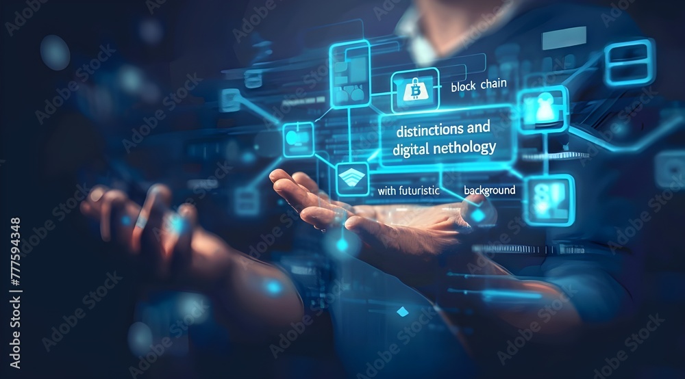 a businessman holding the word block chain surrounded by icons of digital technology and security. a businessman holding the word block chain surrounded by icons of digital technology and security.