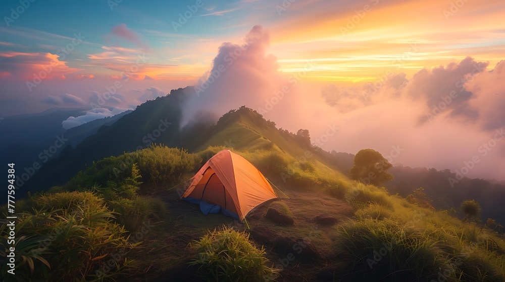 a breathtaking scene of a tent pitched on the highest point of a mountain, surrounded by the vibrant hues of a sunset attractive look