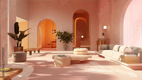 an interior concept with a spacious living room, emphasizing a pink wall texture and modern furniture attractive look
