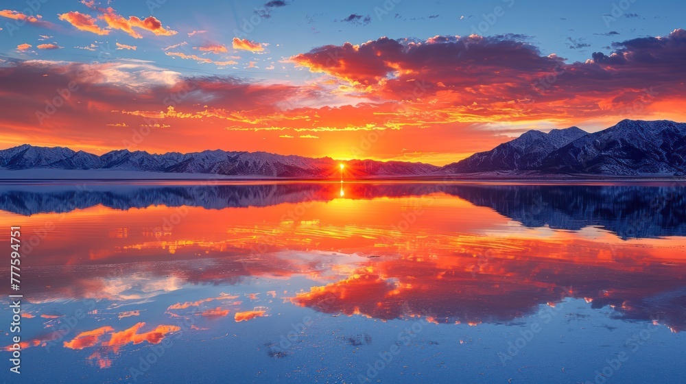 The sun dips behind a jagged mountain range as evening approaches