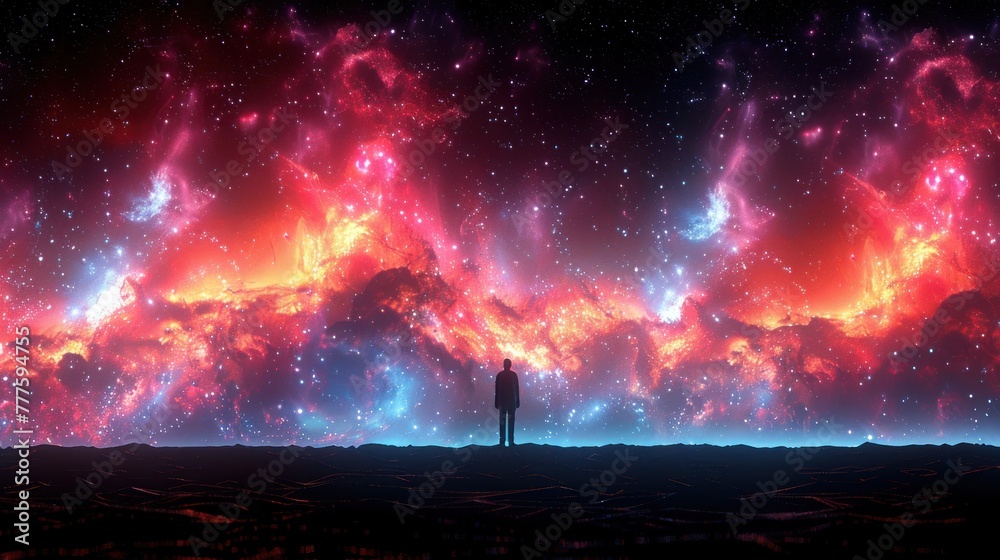 A person standing in front of a vibrant, multicolored sky A person standing in front of a vibrant, multicolored sky
