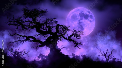 A full moon is visible in the night sky above a solitary tree