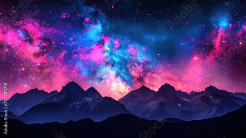 Dark night sky over towering mountains with shining stars
