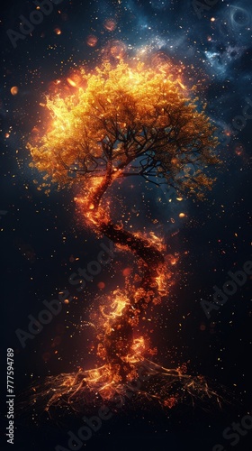 A tree suspended in the air, emitting flames from its branches