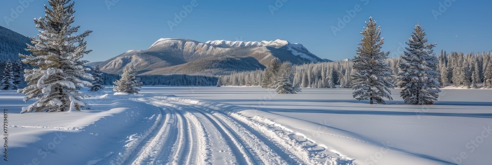 Snowy road surrounded by trees with mountain backdrop