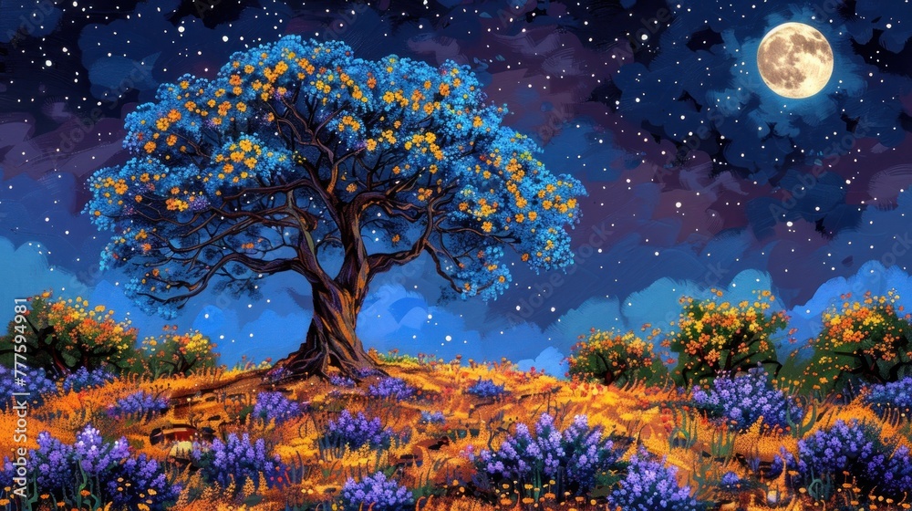 A painting of a tree standing tall in the center of a vast field A painting of a tree standing tall in the center of a vast field
