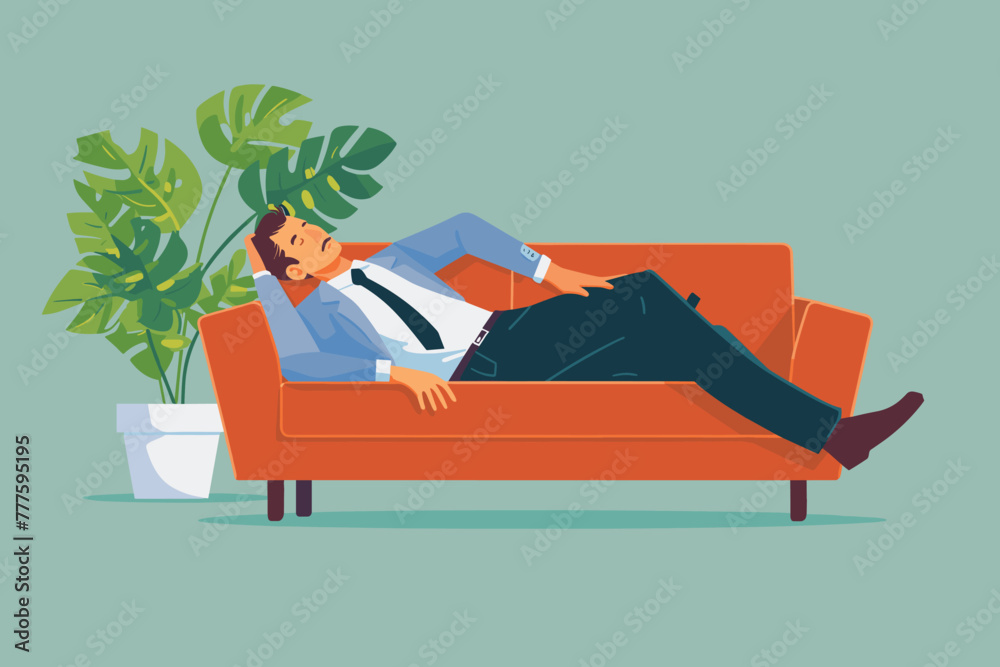 Exhausted businessman takes a rejuvenating nap on the office couch, embracing the power of rest and relaxation to recharge and refresh during a busy workday