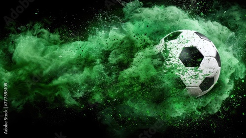 A soccer ball coated with vibrant green powder on the grass