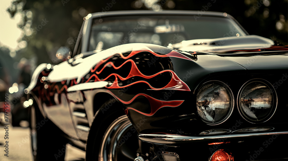 A vintage black car boasting a striking flame paint job on the hood captures the essence of classic automobile culture.