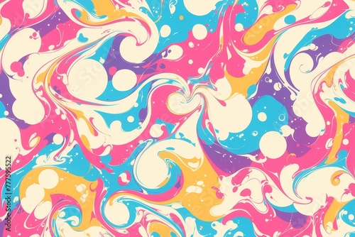 A pattern of colorful marble textures creating an abstract and playful background with swirls in pink, blue, yellow, red, orange, white, purple