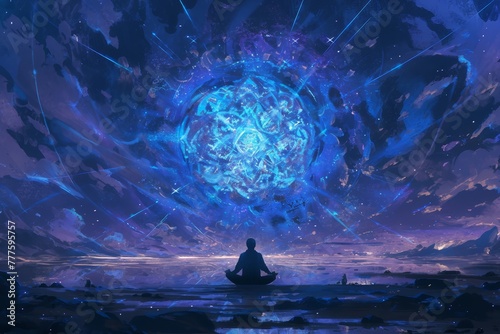 A person meditating in the center of an infinite portal, surrounded by swirling energy and light waves; dark background with glowing blue accents  photo