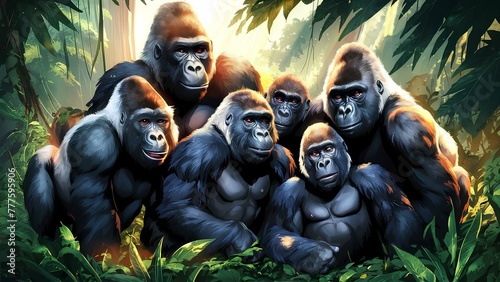 An illustration of a group of gorillas in their natural habitat