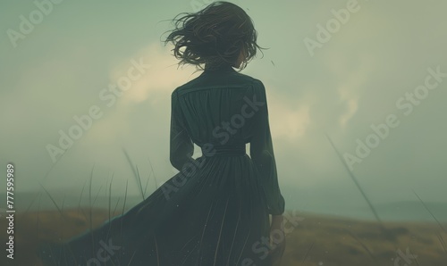 Irish woman in a green dress running through the wild grass on a windy day