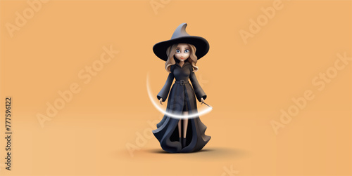 Beautiful sorceress, witch in black clothes, hat and with magic wand, 3D. For concepts of children's fairy tales, prints, cartoons. Vector