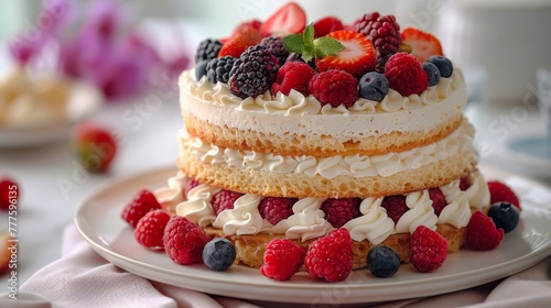 Triple Layer Cake With Berries and Whipped Cream