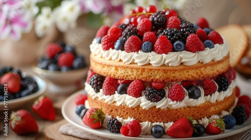 Triple Layer Cake With Berries and Whipped Cream