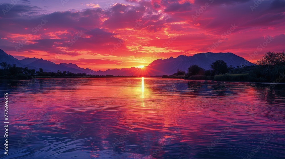 Majestic Sunset Over Lake With Mountains