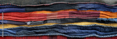 Various colorful fabrics are stacked in layers, showcasing a spectrum of textures and hues in a vibrant display.