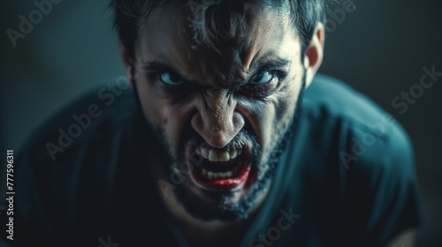 A man s face is captured in a moment of raw anger  with intense eyes and a fierce expression in a dark setting.