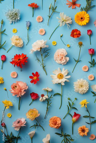 A vibrant pattern of assorted colorful spring flowers laid out on a blue backdrop symbolizing joy and diversity in flora.