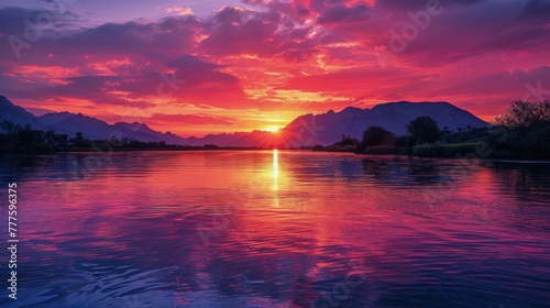 Majestic Sunset Over Lake With Mountains © olegganko
