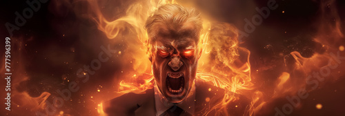 A man with his head engulfed in flames, evoking a fiery inferno with intense, supernatural energy.