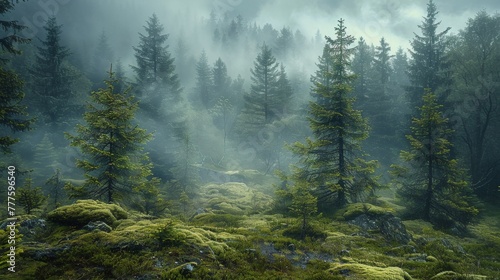 Dense Fog Blanketing Lush Forest