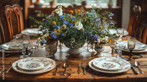 Wooden Table With Vase of Flowers