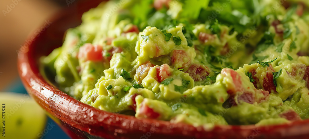 Guacamole dip in bowl garnished with fresh herbs, close up Guacamole dip in bowl garnished with fresh herbs, close up