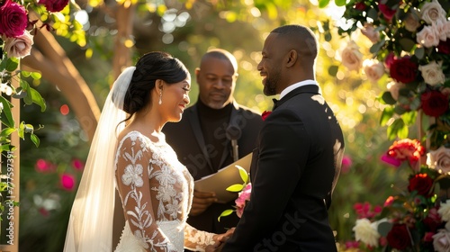 Outdoor wedding ceremony with couple and afro-american officiant.