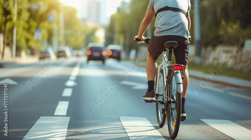 Cyclist riding on city road with urban city view, rear view