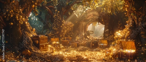 A hidden fantasy treasury in a 3D-rendered enchanted forest, with chests of jewels and gold nestled among ancient trees, illuminated by magical light photo