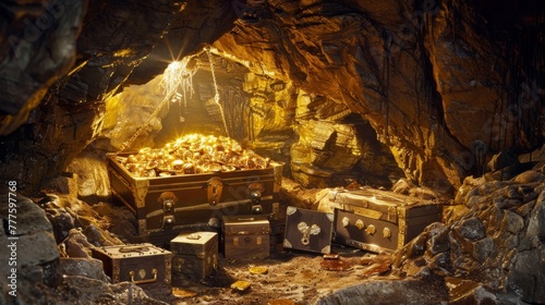 A hidden treasury, tucked away in a secret underground cavern, overflowing with sparkling treasures, ancient gold statues, and mysterious, unopened chests.