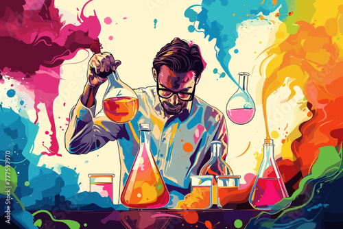 Experimenting businessman mixes vibrant liquids in beakers, seeking the elusive formula for success through trial and error, a concept of business innovation photo