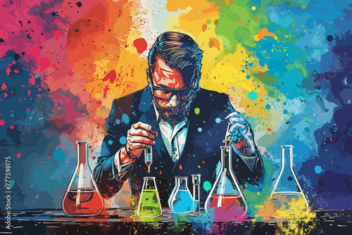 Experimenting businessman mixes vibrant liquids in beakers, seeking the elusive formula for success through trial and error, a concept of business innovation photo