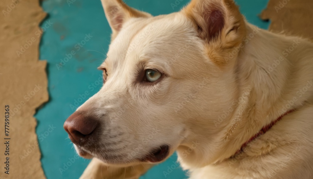 A pensive white dog with cream markings and captivating blue eyes, looks away thoughtfully beside a cracked turquoise wall