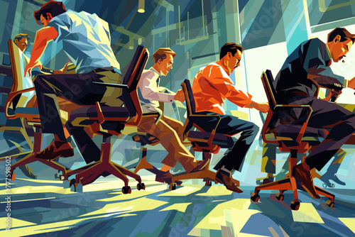 Fiercely competitive businessmen engage in a high-stakes office chair race, each determined to outperform and outshine their colleagues in a display of workplace rivalry photo