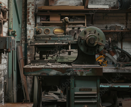 an old machine that is sitting in a garage, in the style of delicate markings, fawncore, precision engineering, fluxus, smilecore, abrasive authenticity, nyc explosion coverage