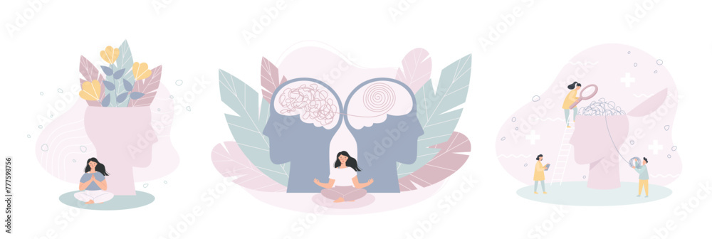 Fototapeta premium Mental health concept illustrations set. Human head silhouettes. Psychotherapy helps to overcome stress. Modern flat style vector illustration