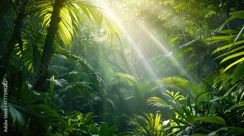 Sunlight filtering through the dense foliage of a tropical rainforest  creating a mosaic of light and shadow on the forest floor.