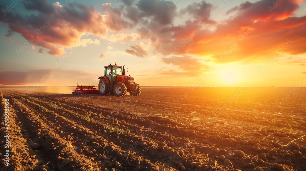 Fototapeta premium Ploughing a field with tractor at sunset