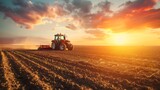 Ploughing a field with tractor at sunset