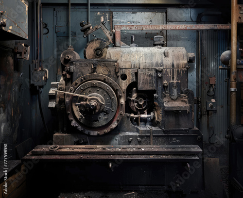 an old machine that is sitting in a garage, in the style of delicate markings, fawncore, precision engineering, fluxus, smilecore, abrasive authenticity, nyc explosion coverage photo