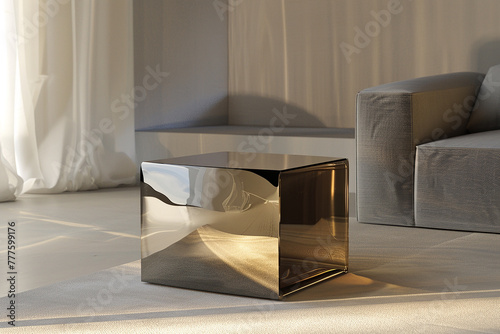 A sleek, minimalist side table with a reflective glass surface, catching the ambient light in a modern living room.