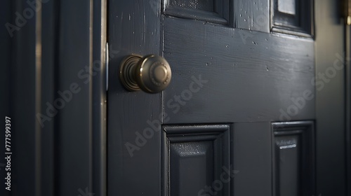 a close-up shot of the farmhouse's dark grey front door, emphasizing the details such as the hardware, texture, and any decorative elements attractive look