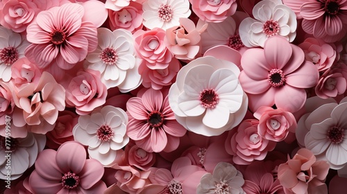 Paper flowers as background, top view. Floral design element.