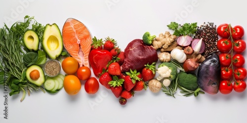Healthy balanced food top view. Organically fresh fruits and vegetables on the table. Generative AI.